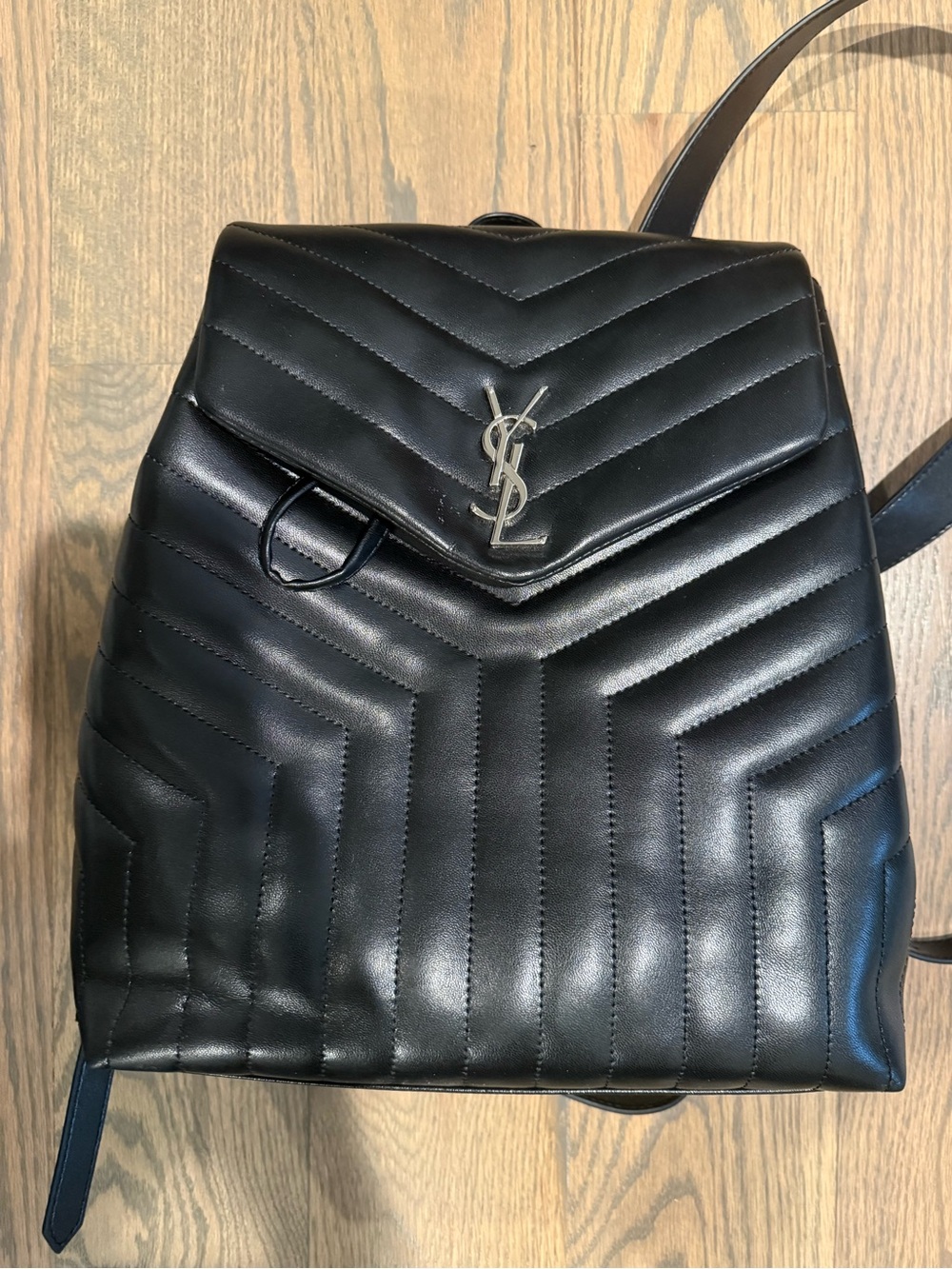 Saint Laurent STYLE Black Chevron Quilted Leather Backpack with Silver YSL Logo